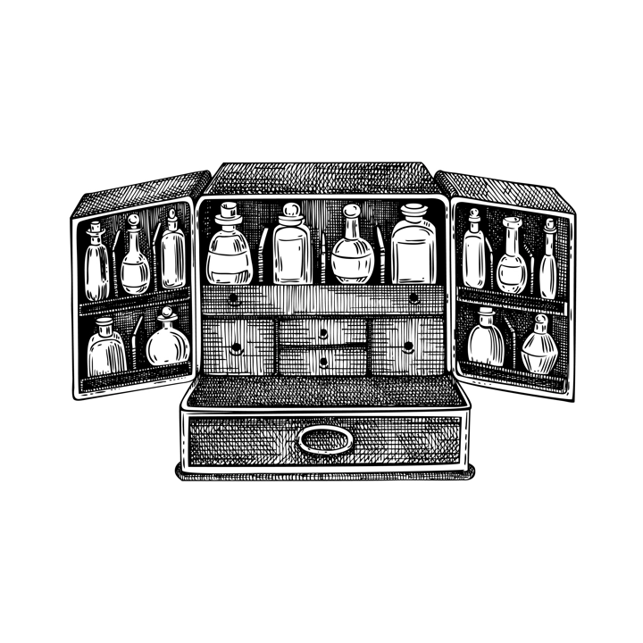 Apothecary box sketch. Antique wooden organizer. Witchcraft vector illustration. Vintage Halloween design element. Hand-drawn alchemy, esoteric symbol. NOT AI generated